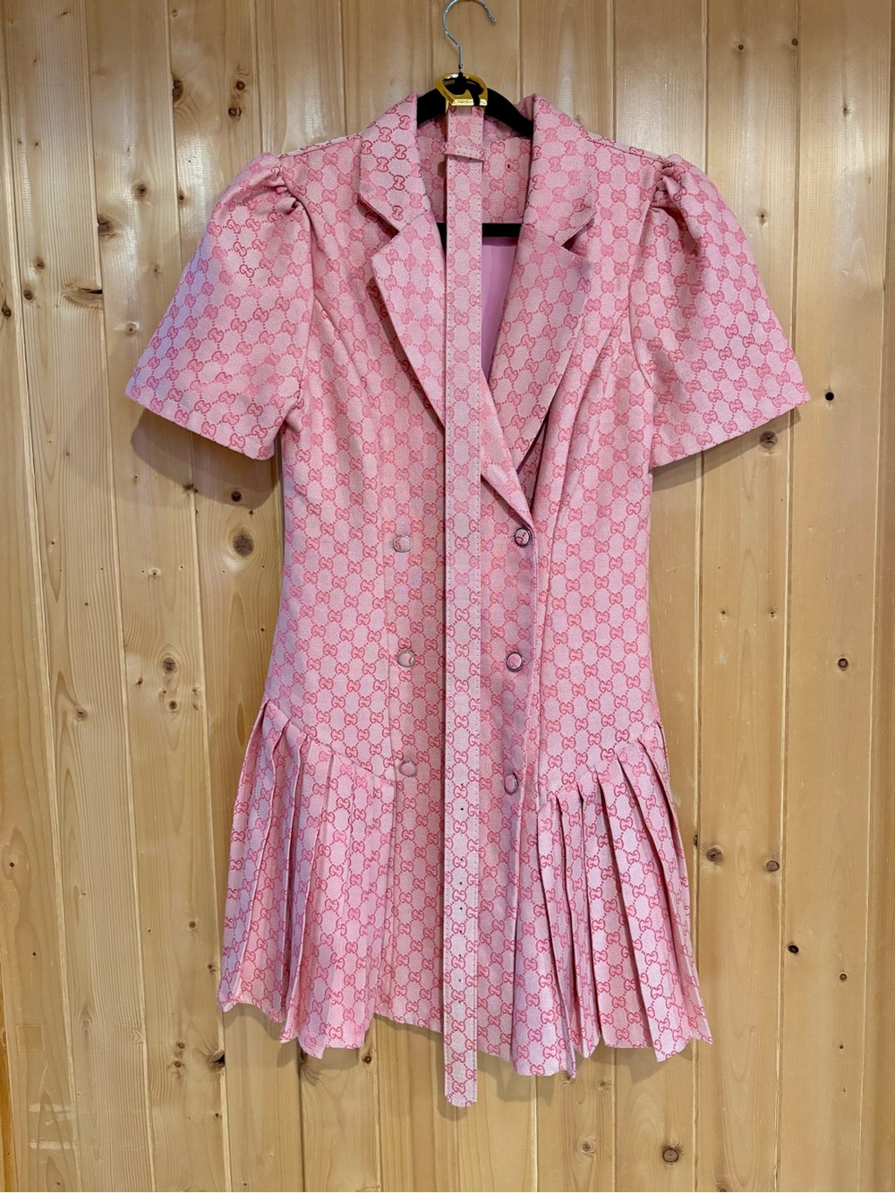 Pink Short-Sleeve Pleated Mini Dress with Tie Neck